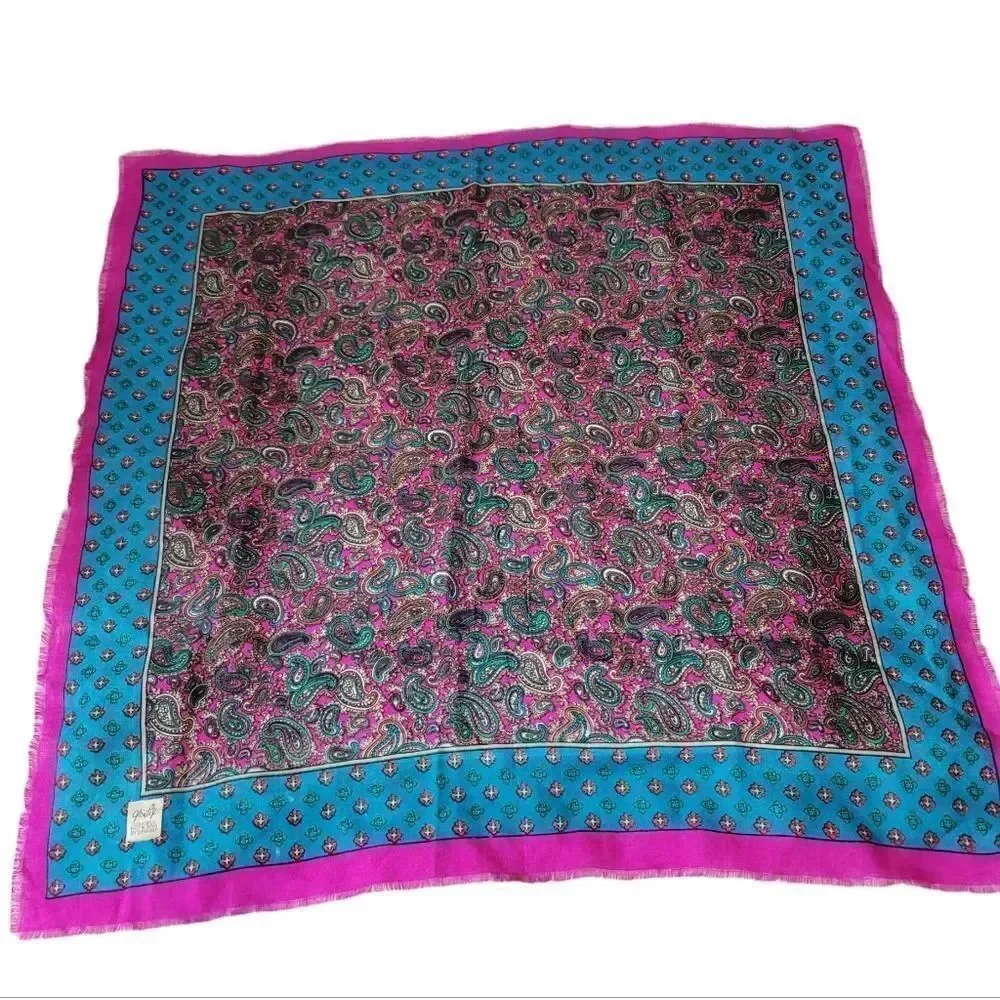 NEW Vintage 70's Glentex Paisley Raw Hem Scarf in Fuschia Pink and Blue 31x31